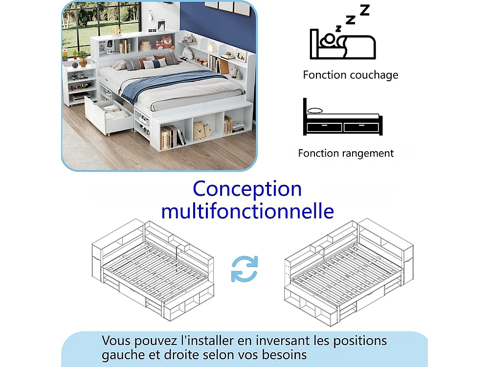 Lit enfant 140x190cm, Lit double avec tiroirs et étagères de rangement, Cadre de lit avec tables de chevet, sommier à lattes, blanc