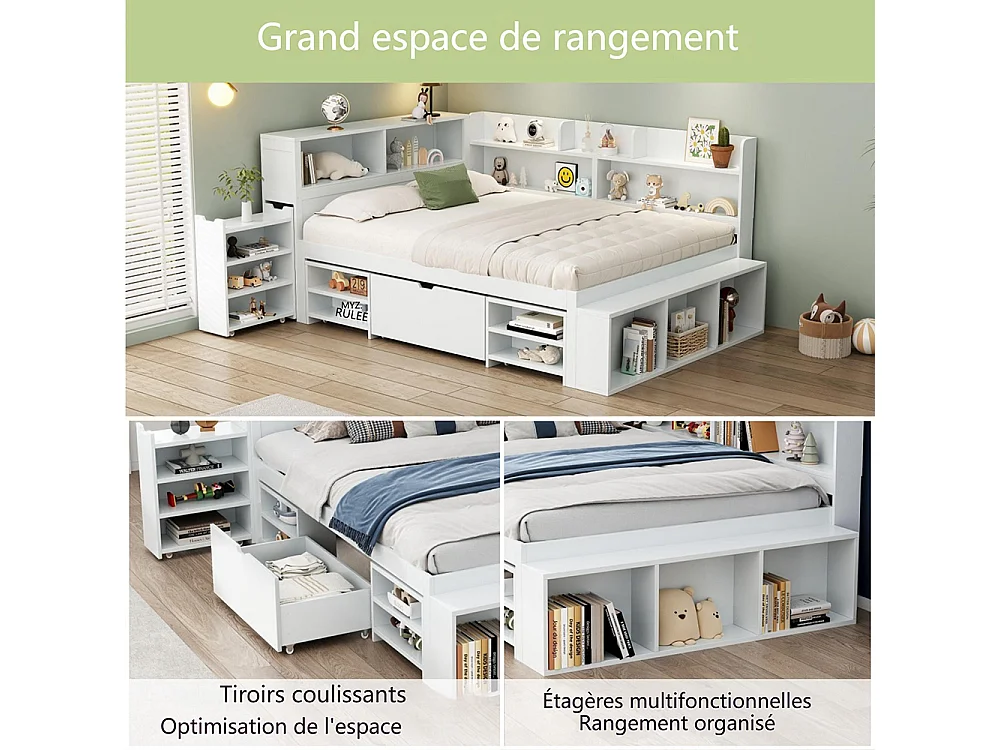 Lit enfant 140x190cm, Lit double avec tiroirs et étagères de rangement, Cadre de lit avec tables de chevet, sommier à lattes, blanc