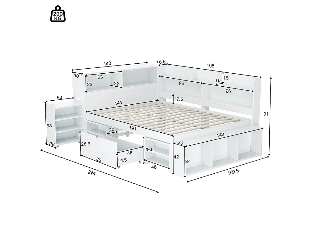 Lit enfant 140x190cm, Lit double avec tiroirs et étagères de rangement, Cadre de lit avec tables de chevet, sommier à lattes, blanc