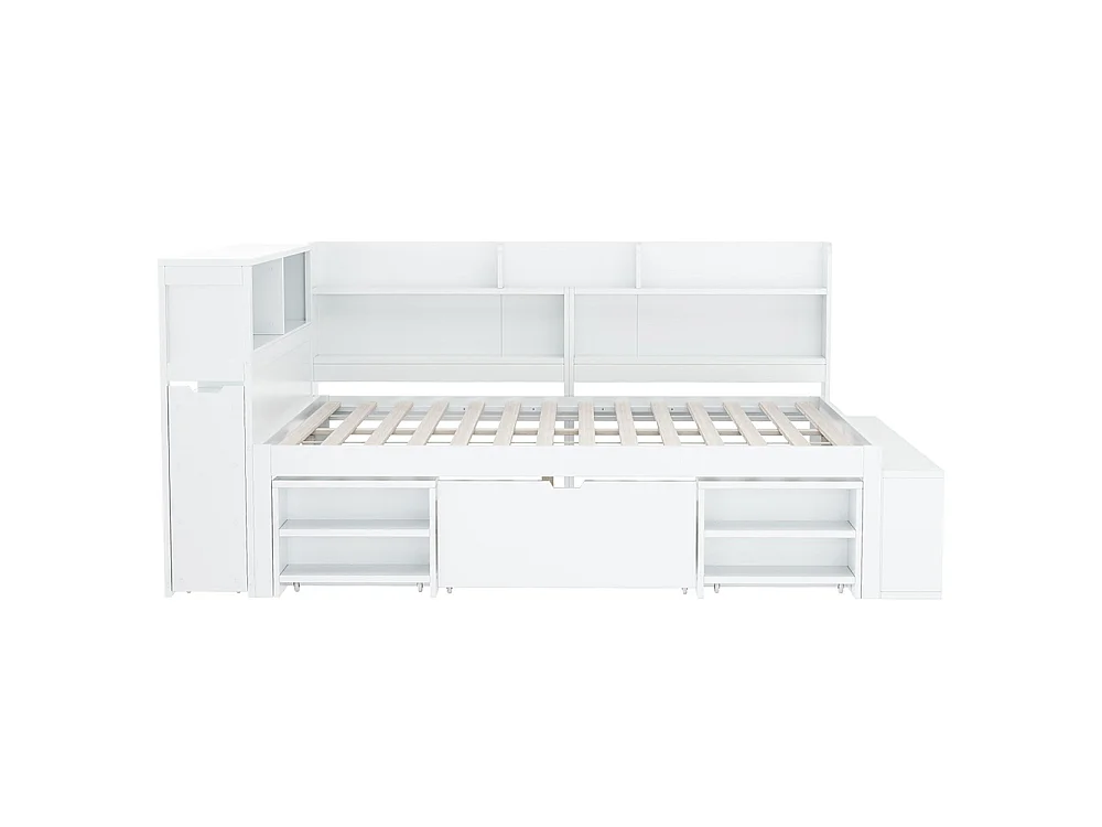 Lit enfant 140x190cm, Lit double avec tiroirs et étagères de rangement, Cadre de lit avec tables de chevet, sommier à lattes, blanc