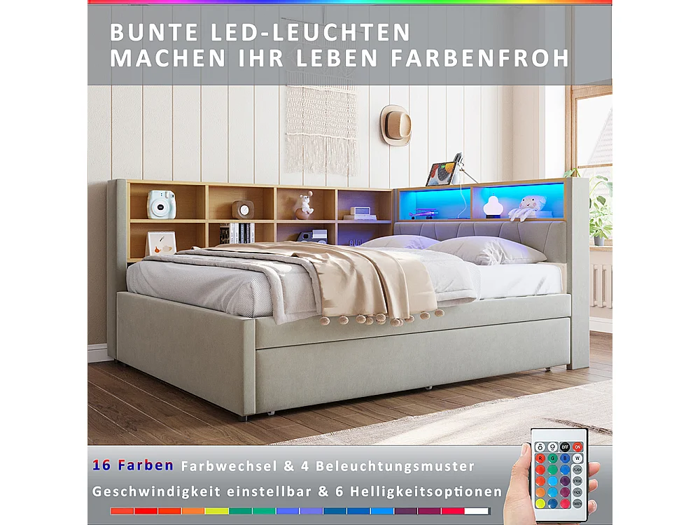 Canapé-lit 140x200 cm, avec lit gigogne 90x190 cm, Lumières LED, Prise de charge, Compartiments de rangement, Lit double, Gris clair flanelle