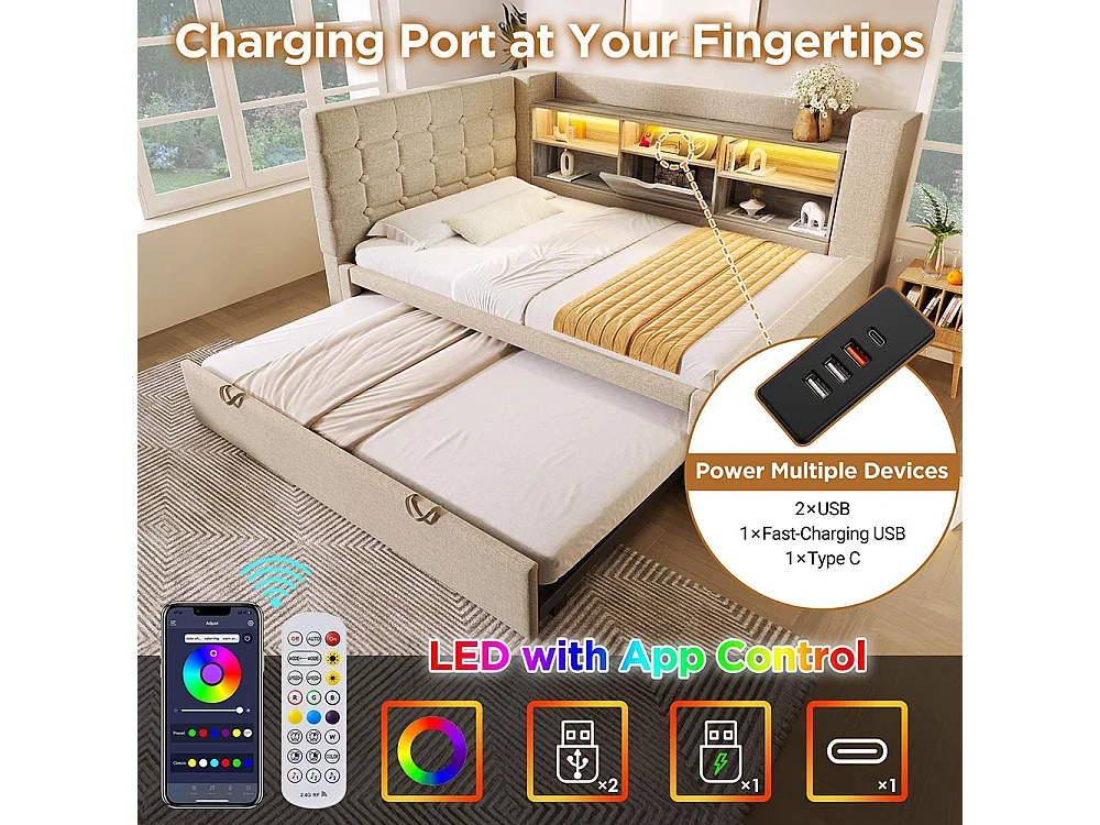 Canapé lit 90x200 cm avec lit gigogne 90x190 cm, éclairage LED et USB-Type C, Tête de lit en L avec rangement, Sommier à lattes, Lin, Beige