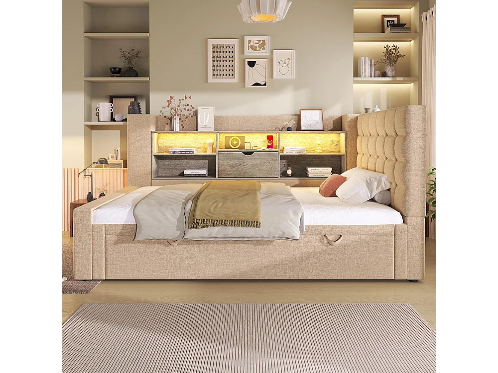Canapé lit 90x200 cm avec lit gigogne 90x190 cm, éclairage LED et USB-Type C, Tête de lit en L avec rangement, Sommier à lattes, Lin, Beige