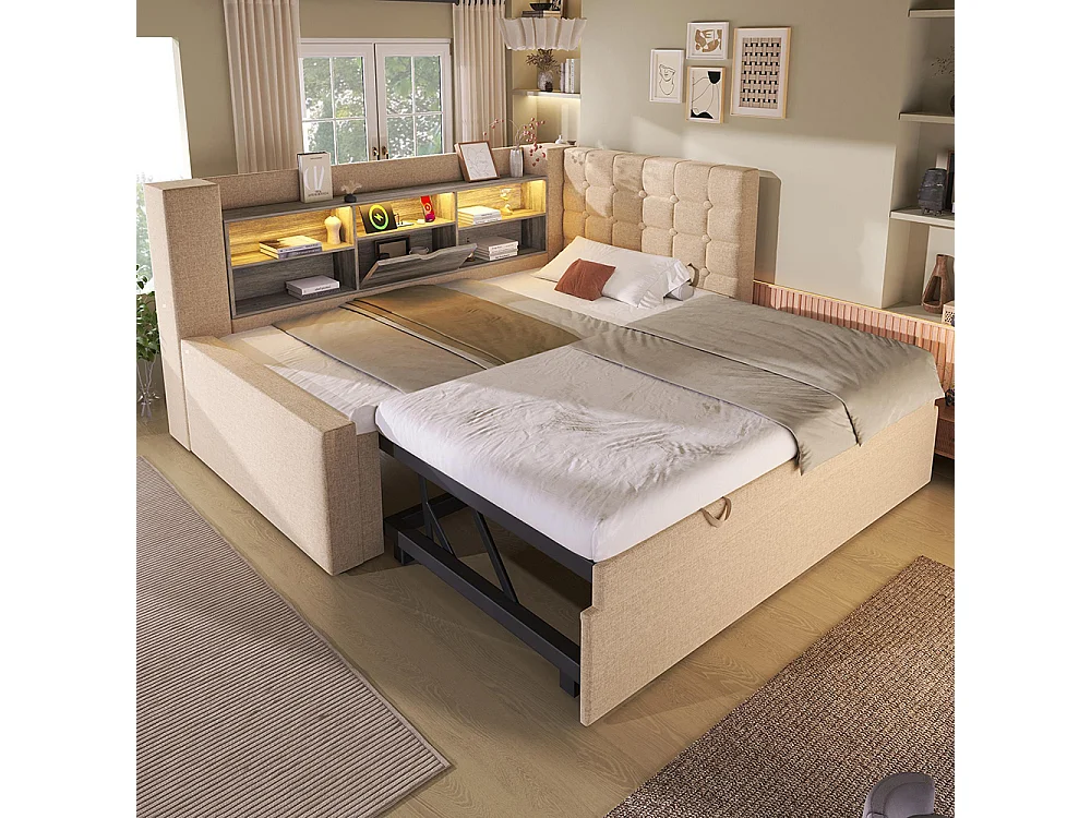 Canapé lit 90x200 cm avec lit gigogne 90x190 cm, éclairage LED et USB-Type C, Tête de lit en L avec rangement, Sommier à lattes, Lin, Beige