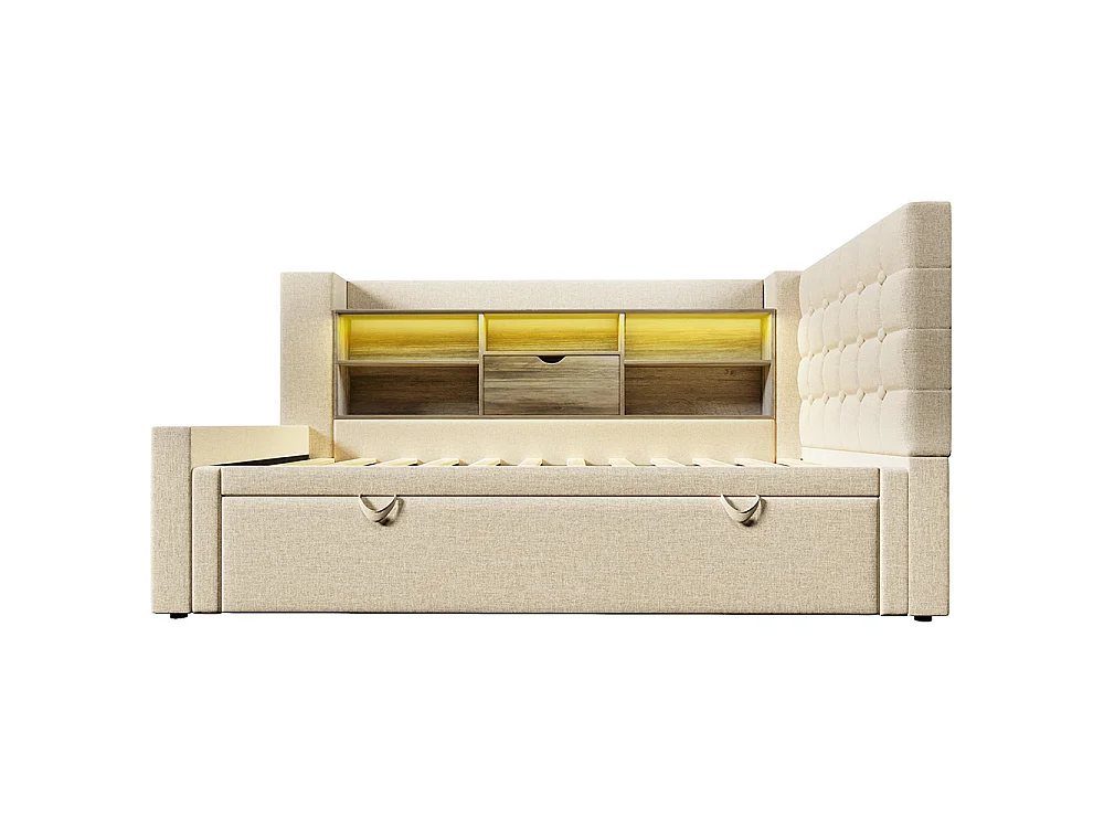Canapé lit 90x200 cm avec lit gigogne 90x190 cm, éclairage LED et USB-Type C, Tête de lit en L avec rangement, Sommier à lattes, Lin, Beige