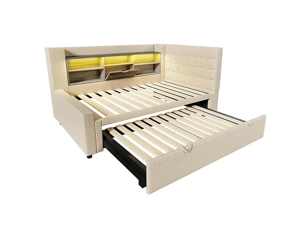Canapé lit 90x200 cm avec lit gigogne 90x190 cm, éclairage LED et USB-Type C, Tête de lit en L avec rangement, Sommier à lattes, Lin, Beige