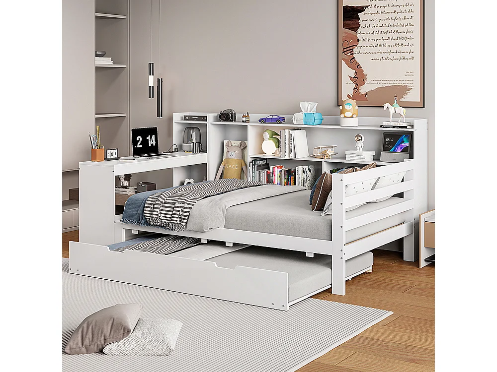 Canapé-lit gigogne 90 x 200 cm en bois massif, avec Bureau, Compartiments de rangement, Prise de charge, Blanc