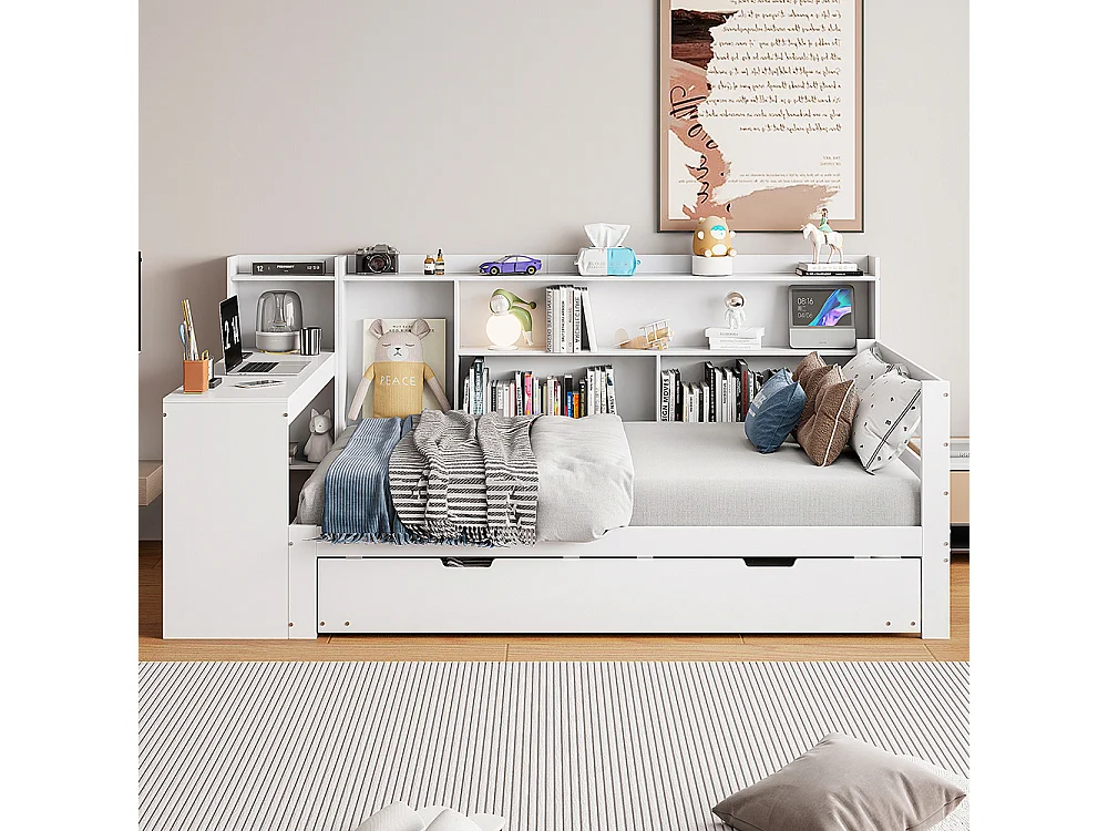 Canapé-lit gigogne 90 x 200 cm en bois massif, avec Bureau, Compartiments de rangement, Prise de charge, Blanc