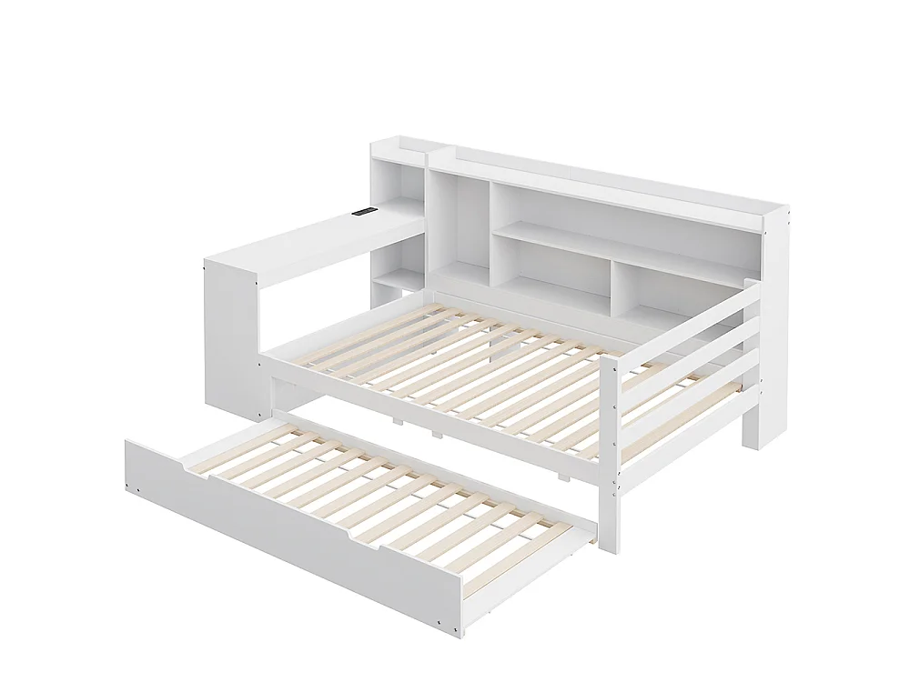 Canapé-lit gigogne 90 x 200 cm en bois massif, avec Bureau, Compartiments de rangement, Prise de charge, Blanc
