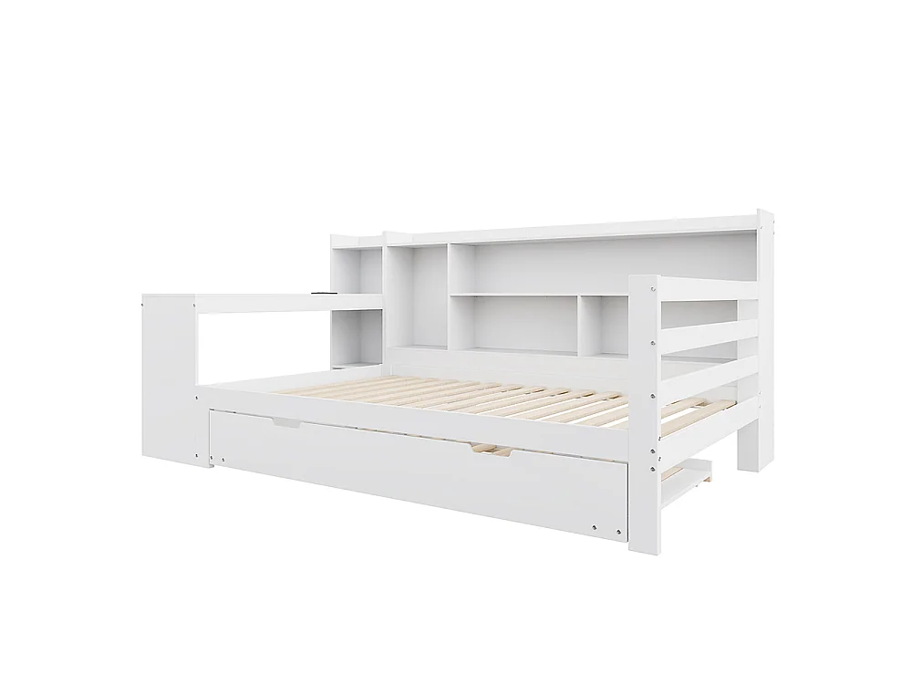Canapé-lit gigogne 90 x 200 cm en bois massif, avec Bureau, Compartiments de rangement, Prise de charge, Blanc