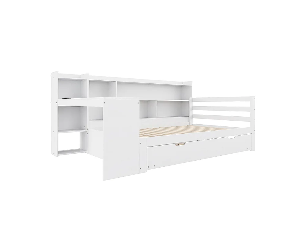 Canapé-lit gigogne 90 x 200 cm en bois massif, avec Bureau, Compartiments de rangement, Prise de charge, Blanc
