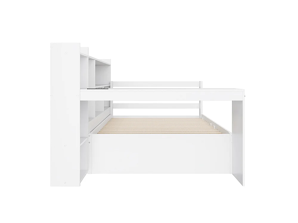 Canapé-lit gigogne 90 x 200 cm en bois massif, avec Bureau, Compartiments de rangement, Prise de charge, Blanc