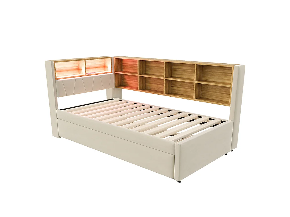 Canapé-lit 90x200 cm, avec lit gigogne 90x190 cm, Lumières LED, Prise de charge, Compartiments de rangement, Tissu flanelle, Beige