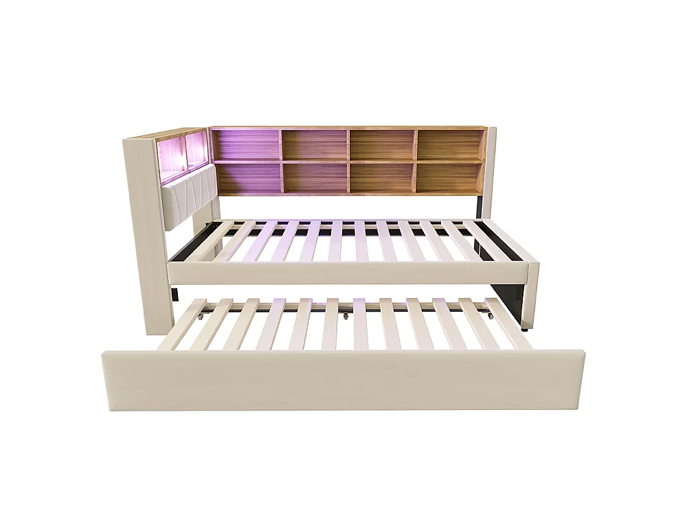 Canapé-lit 90x200 cm, avec lit gigogne 90x190 cm, Lumières LED, Prise de charge, Compartiments de rangement, Tissu flanelle, Beige