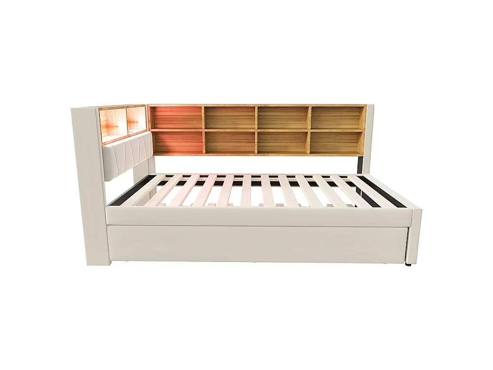 Canapé-lit 90x200 cm, avec lit gigogne 90x190 cm, Lumières LED, Prise de charge, Compartiments de rangement, Tissu flanelle, Beige