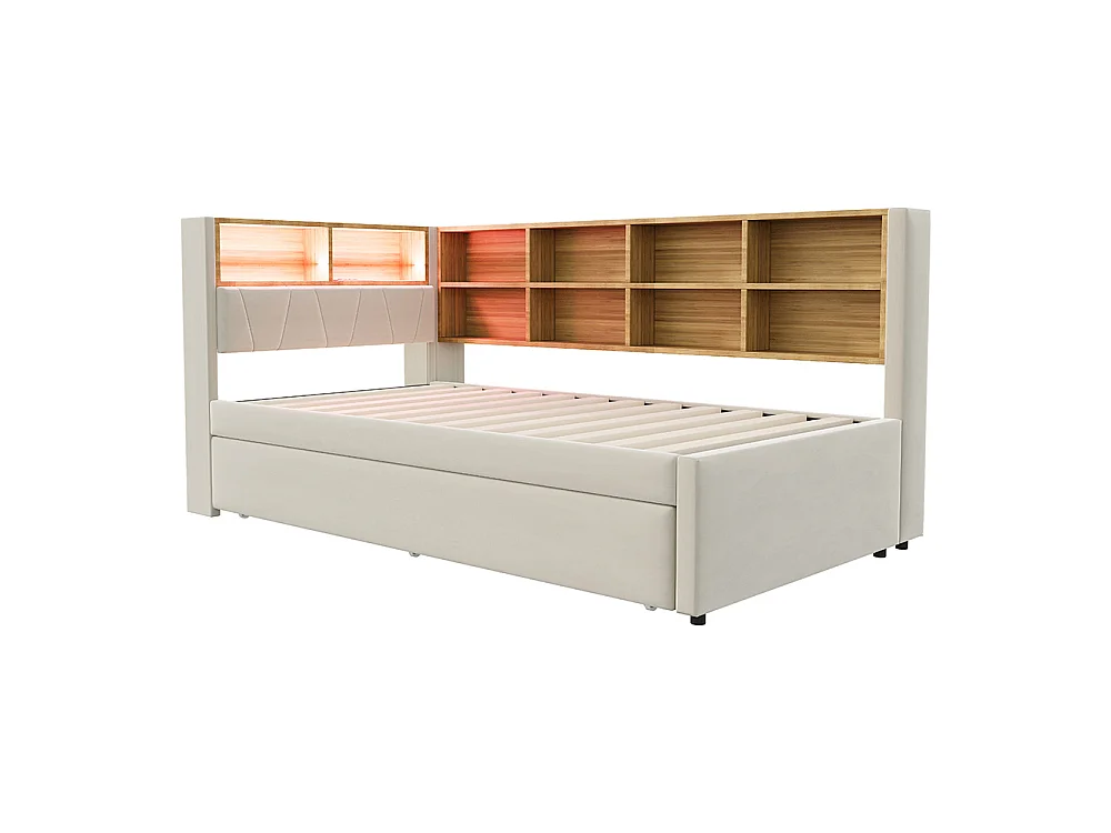 Canapé-lit 90x200 cm, avec lit gigogne 90x190 cm, Lumières LED, Prise de charge, Compartiments de rangement, Tissu flanelle, Beige