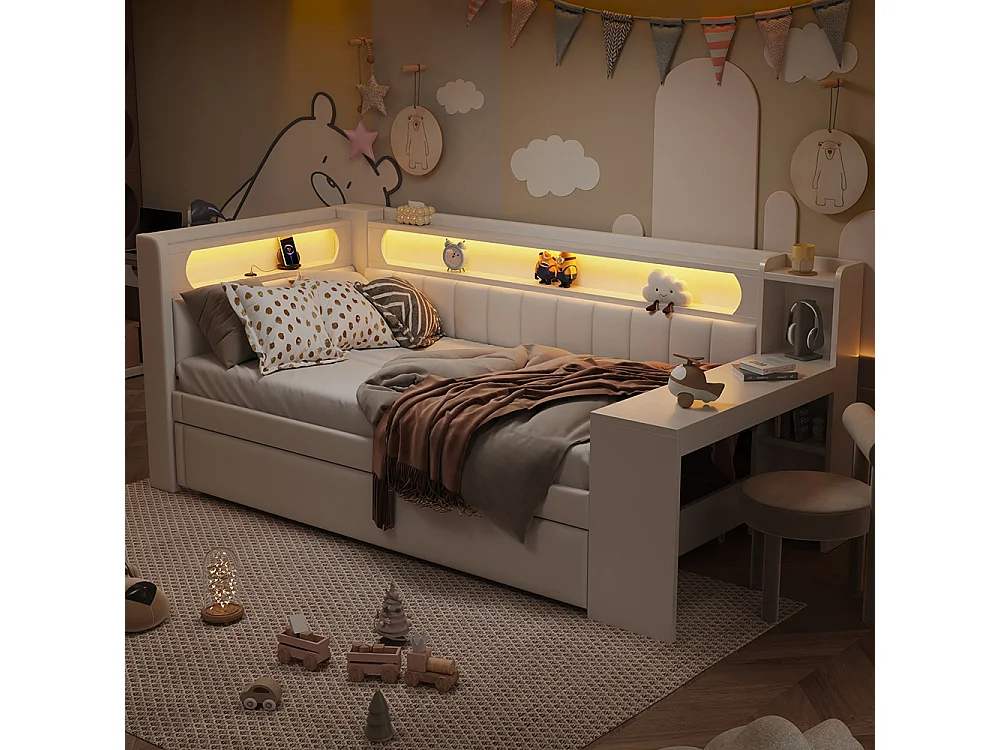 Canapé-lit rembourré 90 x 200 cm avec port USB et bande LED, avec lit gigogne et bureau, Tissu lin, Blanc