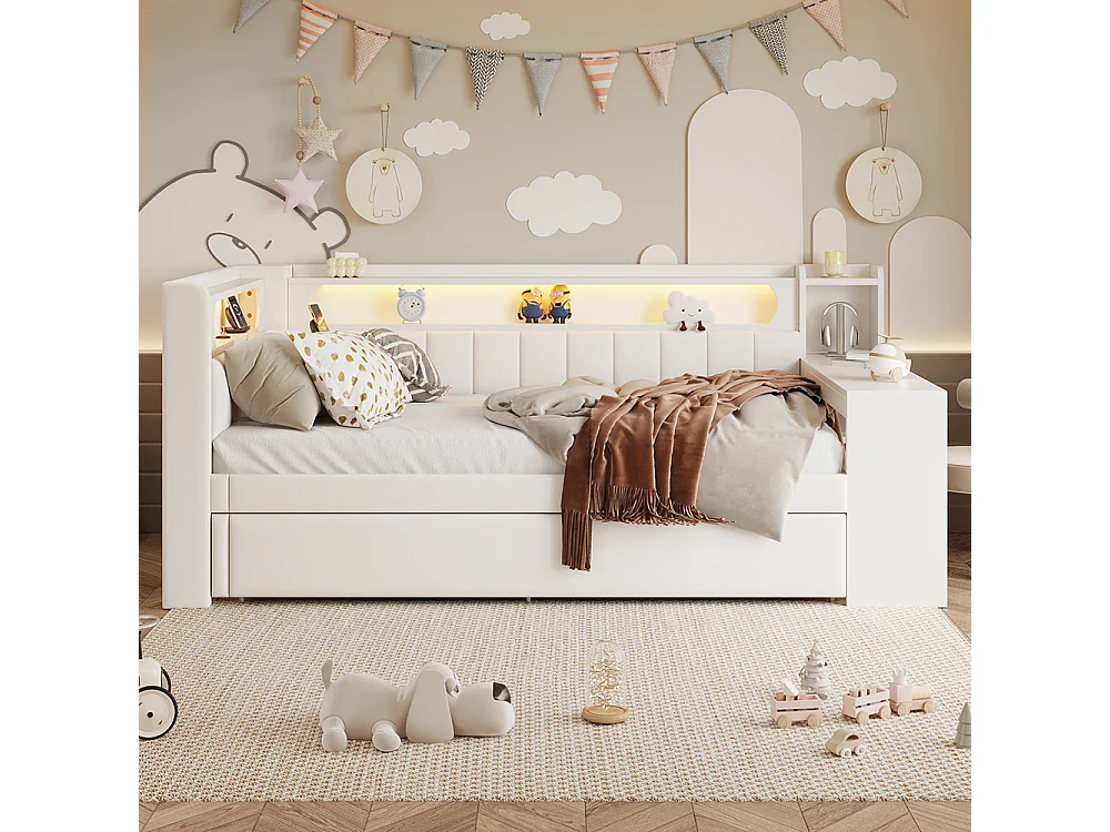 Canapé-lit rembourré 90 x 200 cm avec port USB et bande LED, avec lit gigogne et bureau, Tissu lin, Blanc