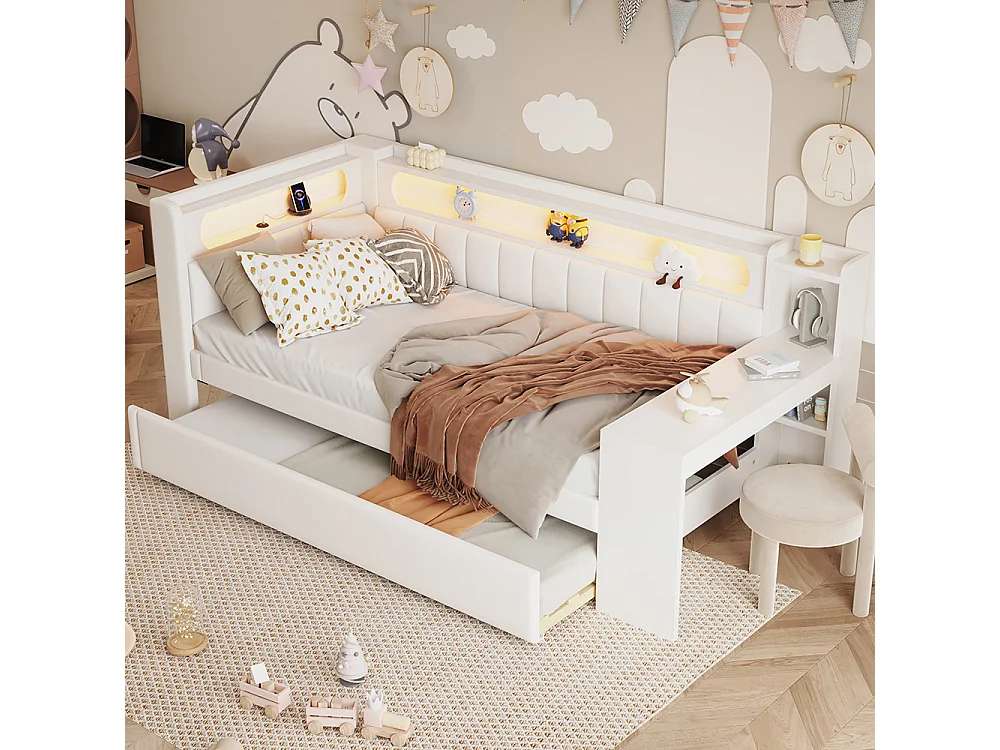 Canapé-lit rembourré 90 x 200 cm avec port USB et bande LED, avec lit gigogne et bureau, Tissu lin, Blanc