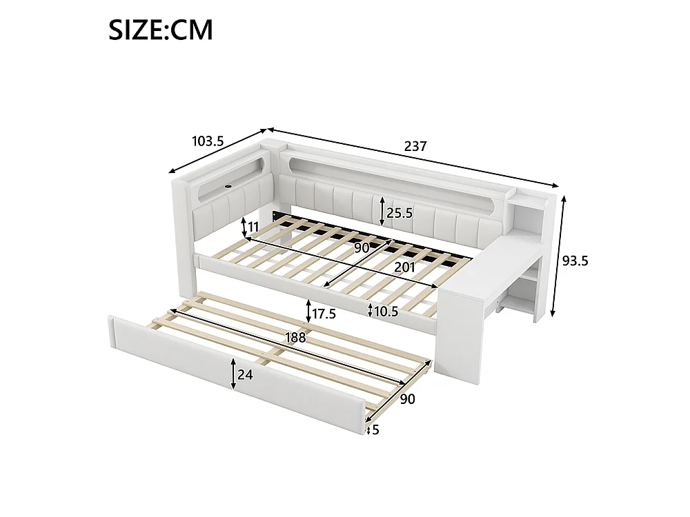 Canapé-lit rembourré 90 x 200 cm avec port USB et bande LED, avec lit gigogne et bureau, Tissu lin, Blanc