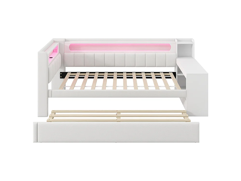 Canapé-lit rembourré 90 x 200 cm avec port USB et bande LED, avec lit gigogne et bureau, Tissu lin, Blanc