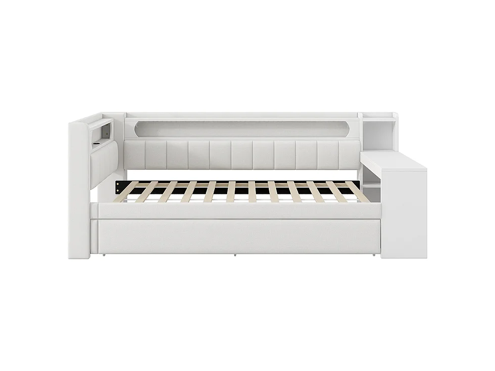 Canapé-lit rembourré 90 x 200 cm avec port USB et bande LED, avec lit gigogne et bureau, Tissu lin, Blanc