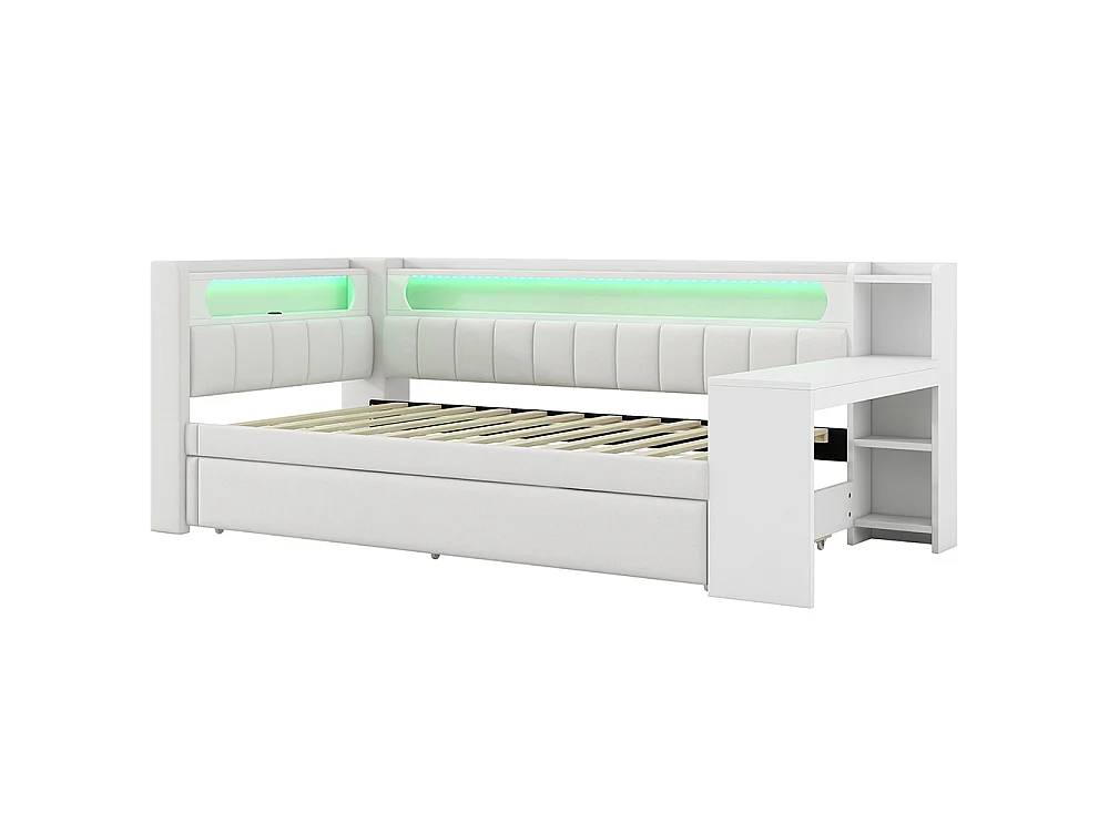 Canapé-lit rembourré 90 x 200 cm avec port USB et bande LED, avec lit gigogne et bureau, Tissu lin, Blanc