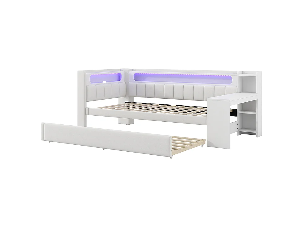 Canapé-lit rembourré 90 x 200 cm avec port USB et bande LED, avec lit gigogne et bureau, Tissu lin, Blanc