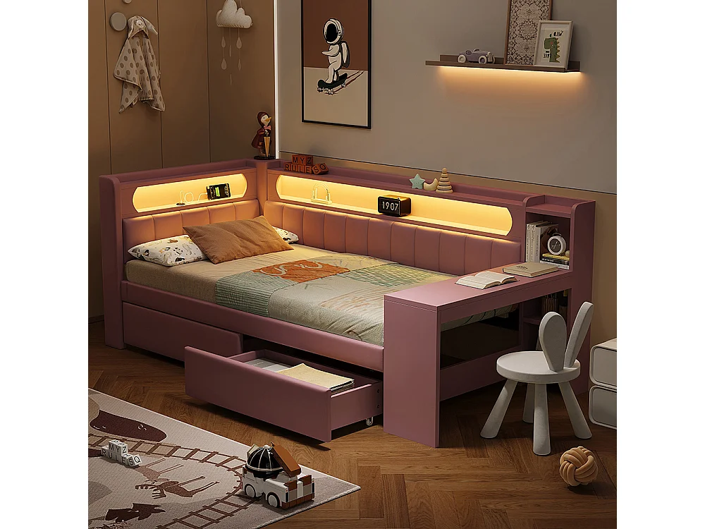 Canapé-lit rembourré 90 x 200 cm avec port USB et LED - Bureau - Deux tiroirs - Tissu lin - Rose