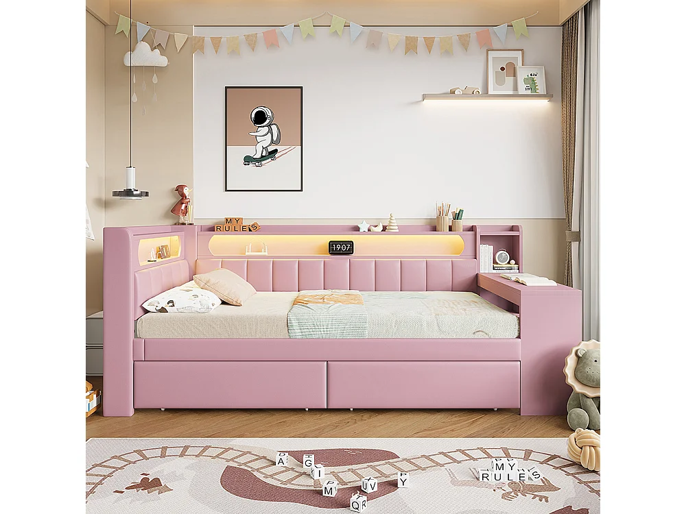 Canapé-lit rembourré 90 x 200 cm avec port USB et LED - Bureau - Deux tiroirs - Tissu lin - Rose