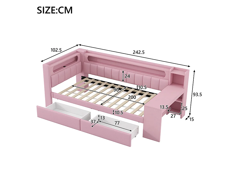 Canapé-lit rembourré 90 x 200 cm avec port USB et LED - Bureau - Deux tiroirs - Tissu lin - Rose