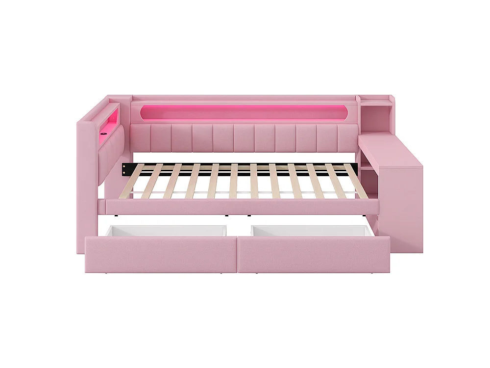 Canapé-lit rembourré 90 x 200 cm avec port USB et LED - Bureau - Deux tiroirs - Tissu lin - Rose
