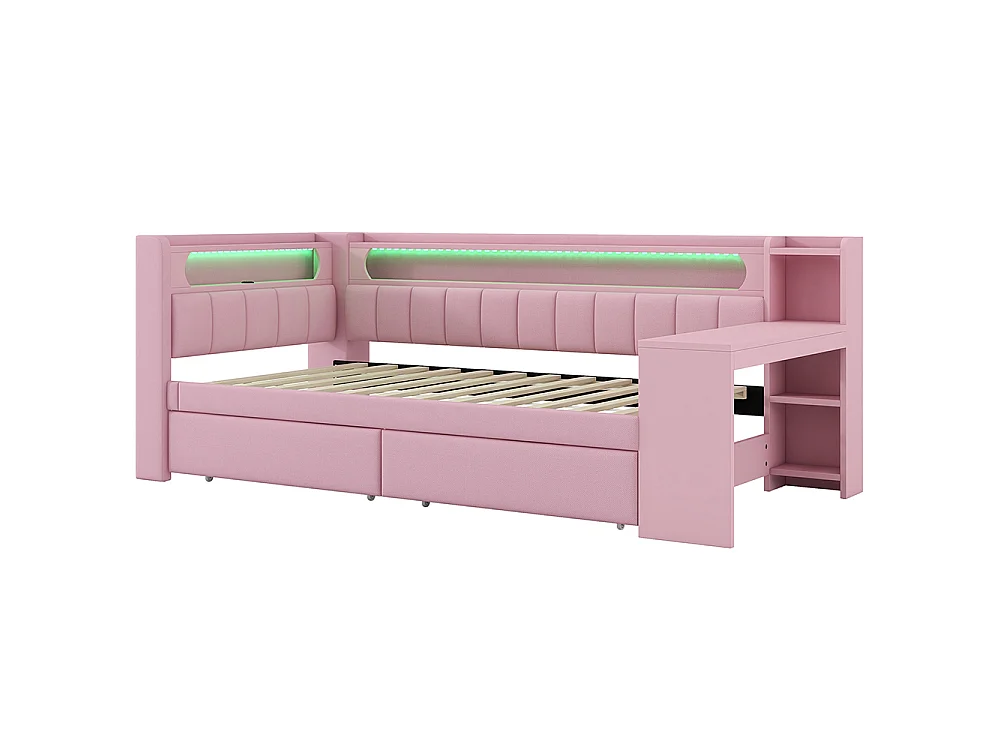 Canapé-lit rembourré 90 x 200 cm avec port USB et LED - Bureau - Deux tiroirs - Tissu lin - Rose