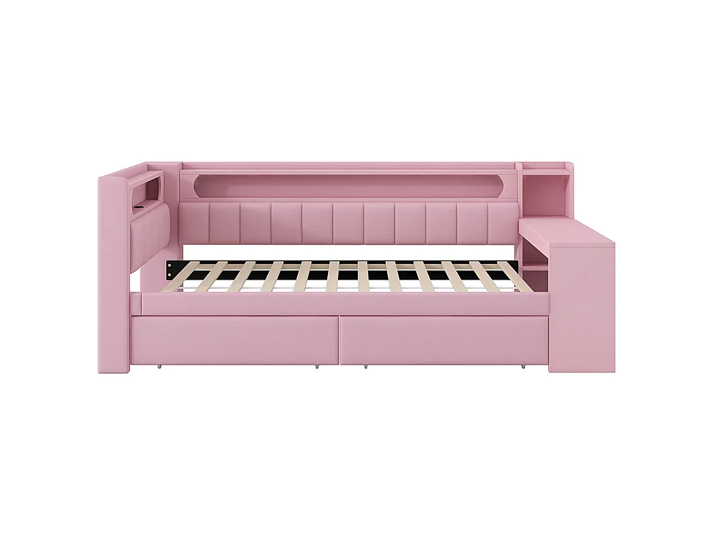 Canapé-lit rembourré 90 x 200 cm avec port USB et LED - Bureau - Deux tiroirs - Tissu lin - Rose