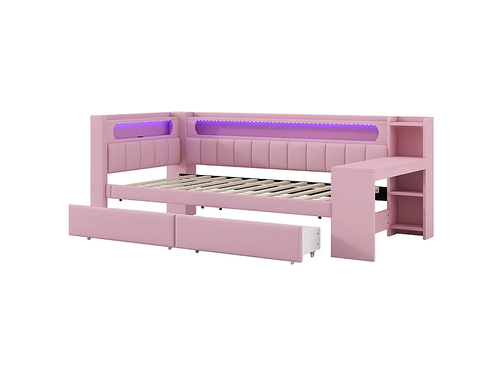 Canapé-lit rembourré 90 x 200 cm avec port USB et LED - Bureau - Deux tiroirs - Tissu lin - Rose