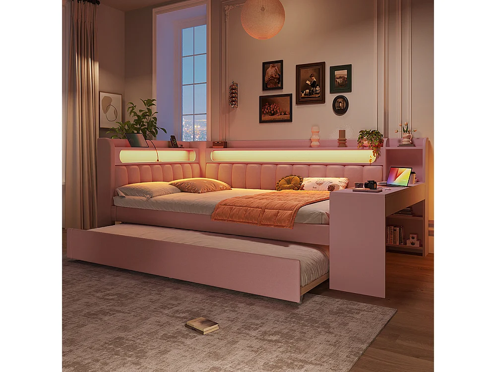 Canapé-lit rembourré 140 x 200 cm avec port USB et bande LED, avec lit gigogne et bureau, Tissu lin, Rose