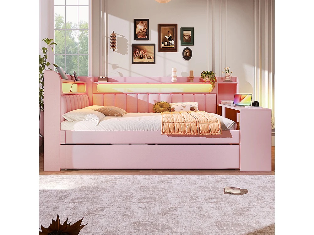 Canapé-lit rembourré 140 x 200 cm avec port USB et bande LED, avec lit gigogne et bureau, Tissu lin, Rose