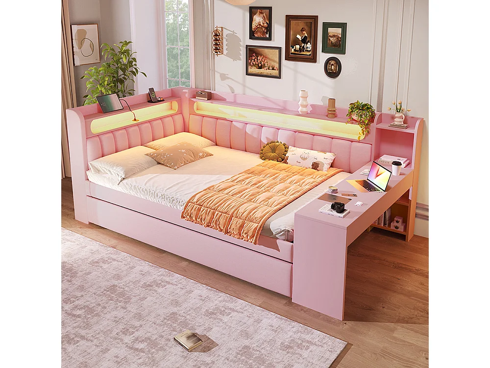 Canapé-lit rembourré 140 x 200 cm avec port USB et bande LED, avec lit gigogne et bureau, Tissu lin, Rose