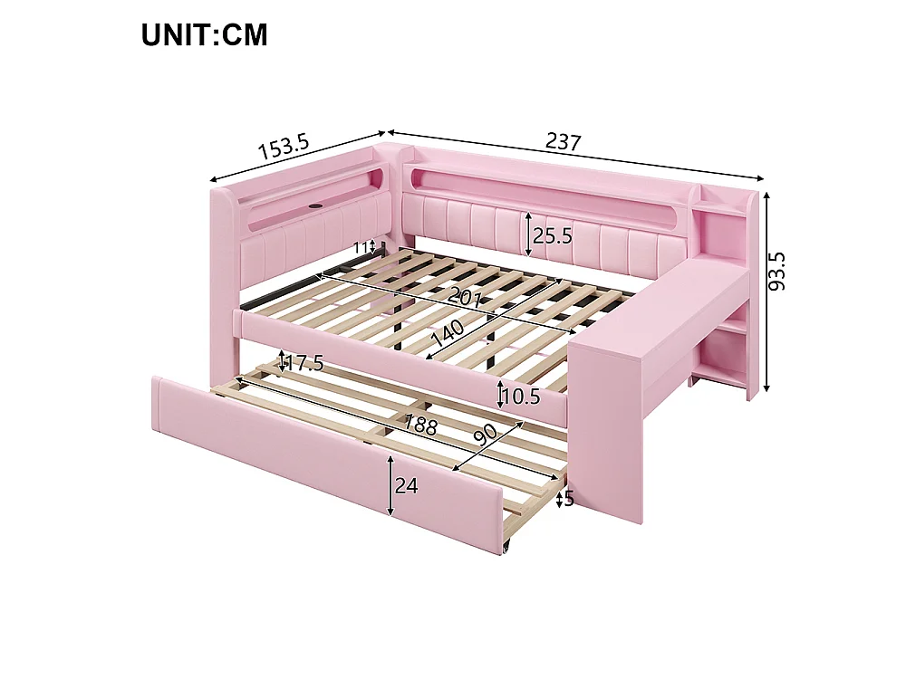 Canapé-lit rembourré 140 x 200 cm avec port USB et bande LED, avec lit gigogne et bureau, Tissu lin, Rose