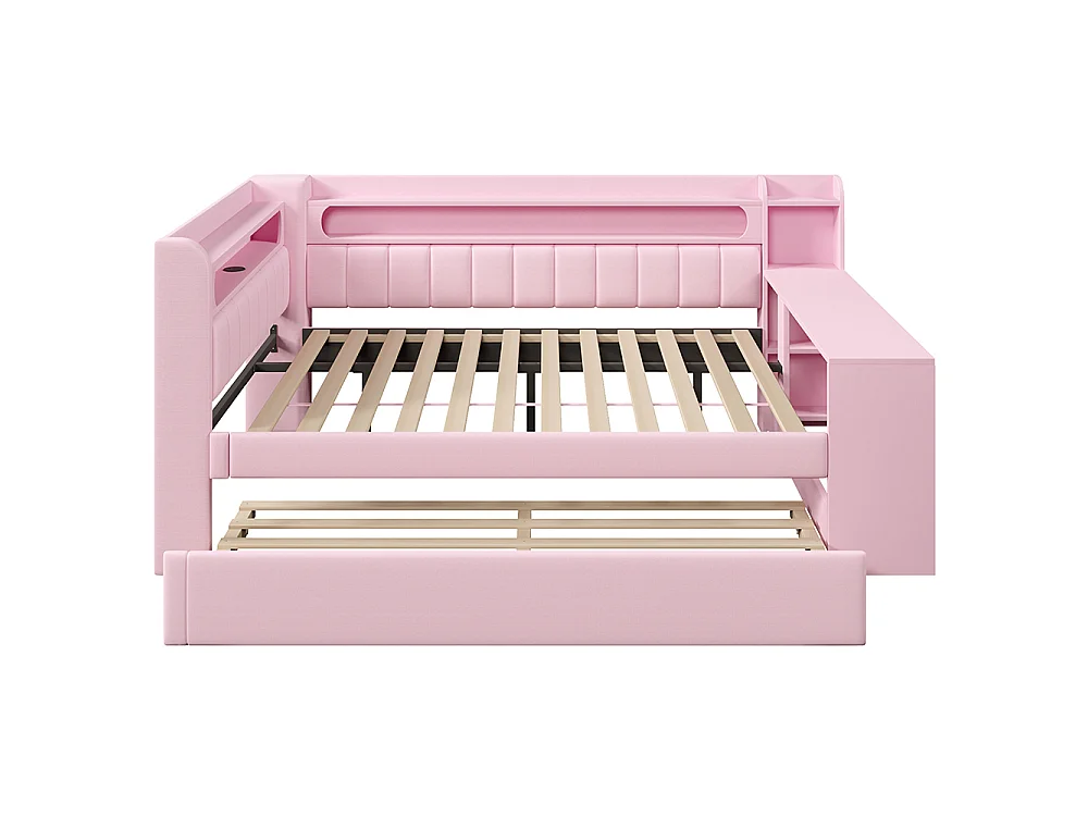Canapé-lit rembourré 140 x 200 cm avec port USB et bande LED, avec lit gigogne et bureau, Tissu lin, Rose