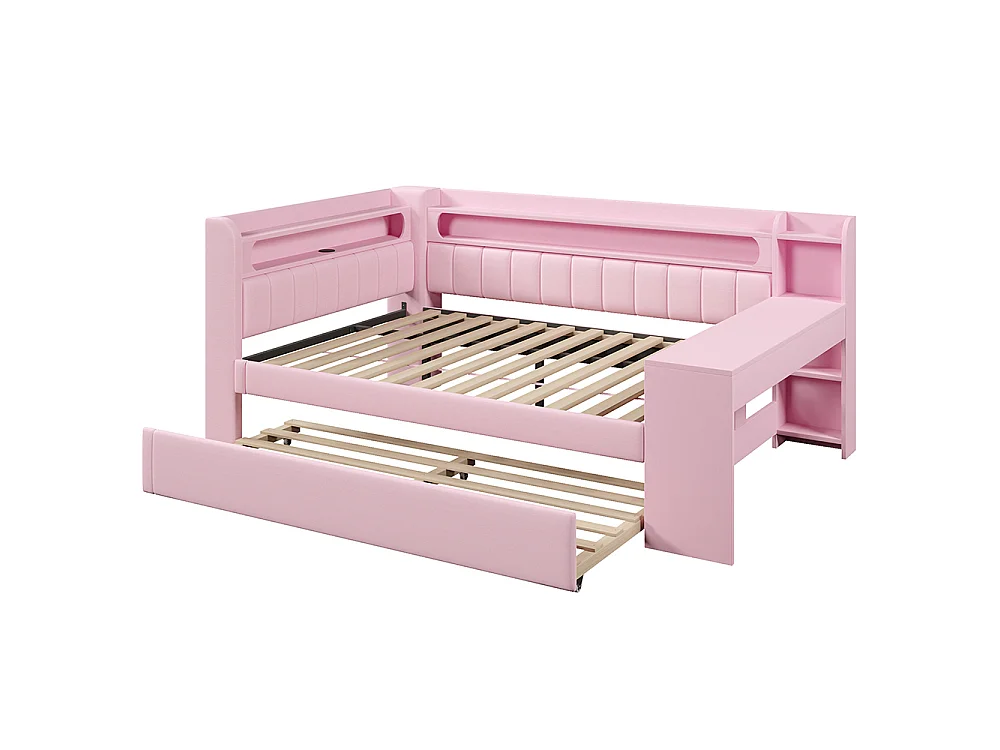 Canapé-lit rembourré 140 x 200 cm avec port USB et bande LED, avec lit gigogne et bureau, Tissu lin, Rose