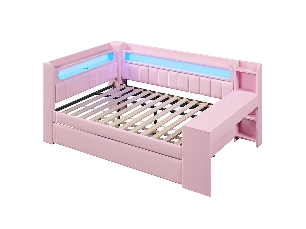Canapé-lit rembourré 140 x 200 cm avec port USB et bande LED, avec lit gigogne et bureau, Tissu lin, Rose
