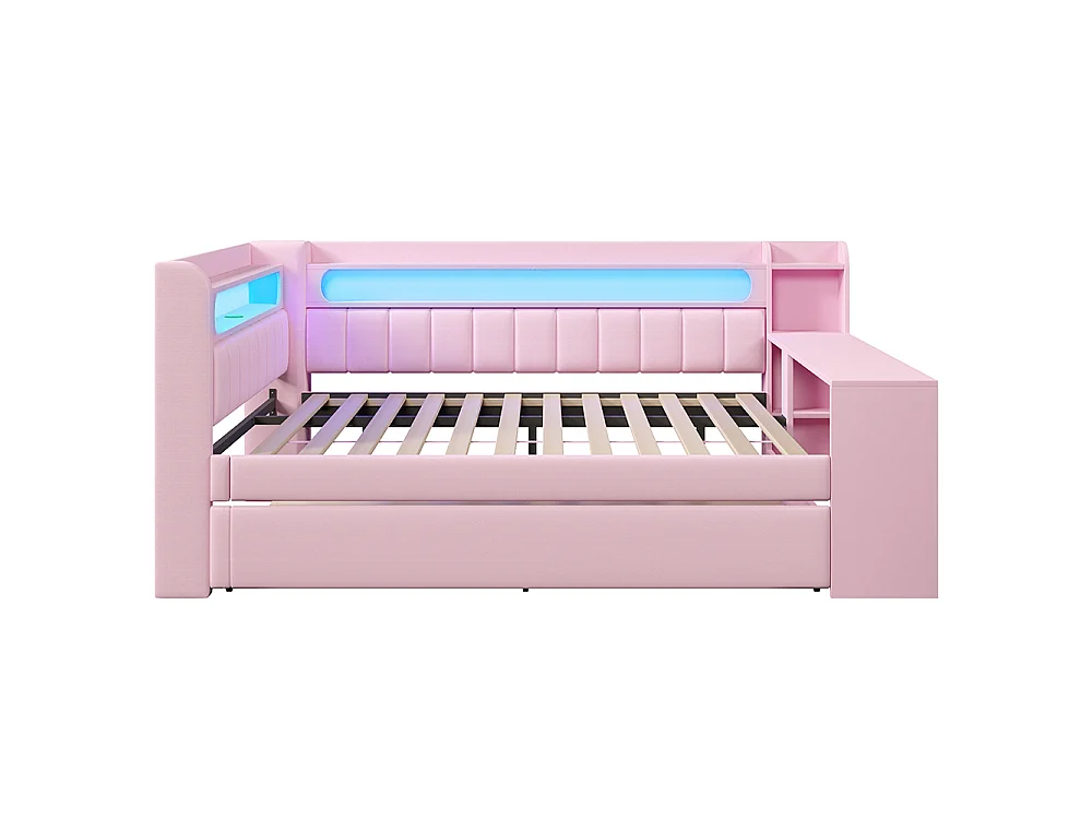Canapé-lit rembourré 140 x 200 cm avec port USB et bande LED, avec lit gigogne et bureau, Tissu lin, Rose