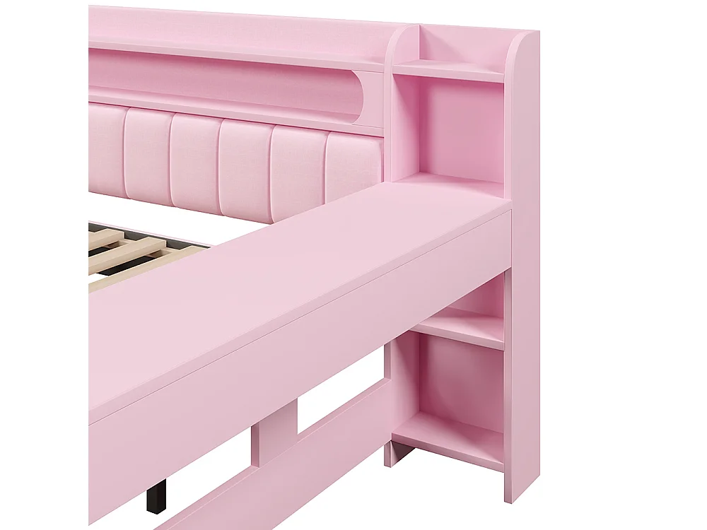 Canapé-lit rembourré 140 x 200 cm avec port USB et bande LED, avec lit gigogne et bureau, Tissu lin, Rose