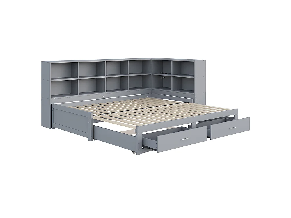 Canapé-lit gigogne en bois massif 90/180x190 cm - avec Prise de charge - Compartiment de rangement - 2 tiroirs - Sommier à lattes - Gris