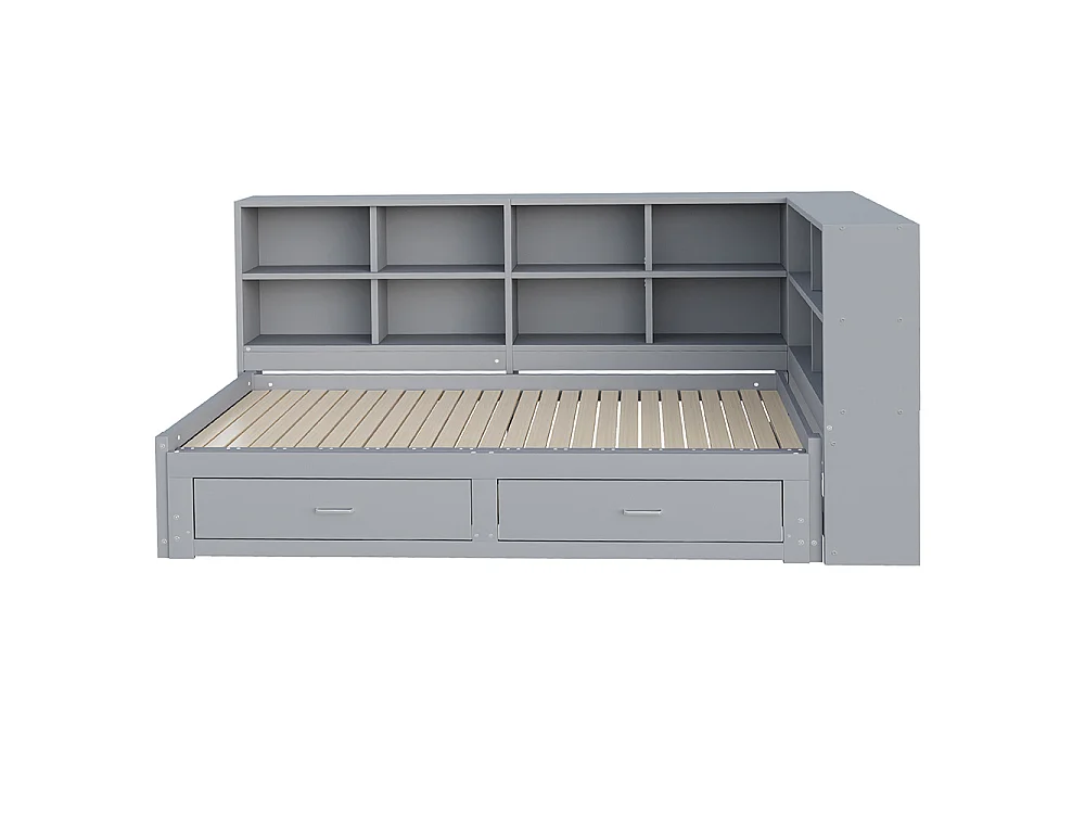 Canapé-lit gigogne en bois massif 90/180x190 cm - avec Prise de charge - Compartiment de rangement - 2 tiroirs - Sommier à lattes - Gris