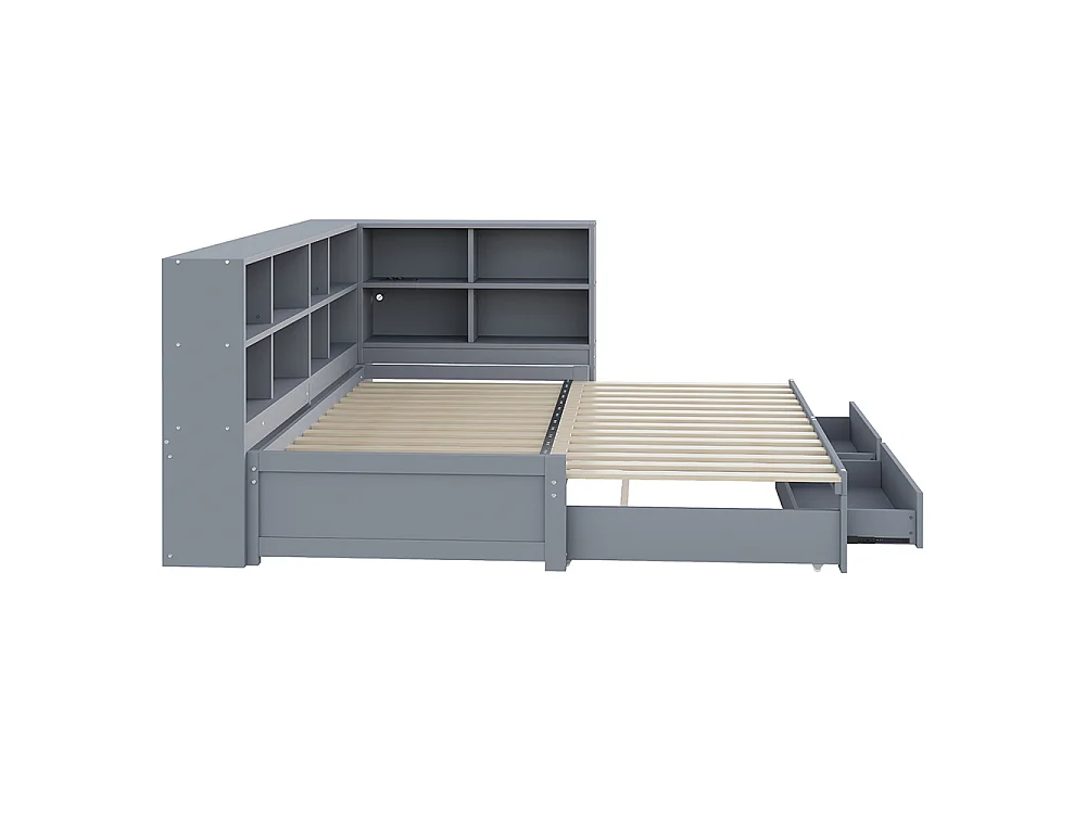 Canapé-lit gigogne en bois massif 90/180x190 cm - avec Prise de charge - Compartiment de rangement - 2 tiroirs - Sommier à lattes - Gris
