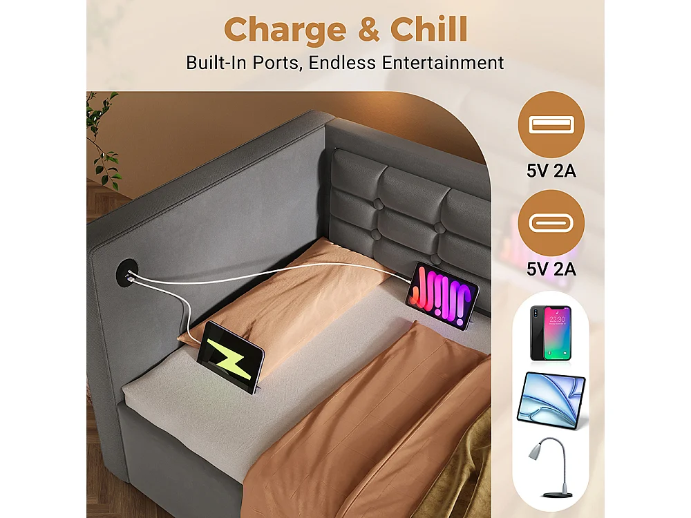 Canapé-lit coffre rembourré 90x190 cm - avec ports USB + Type-C - Espace de rangement hydraulique - Tissu velours - Gris