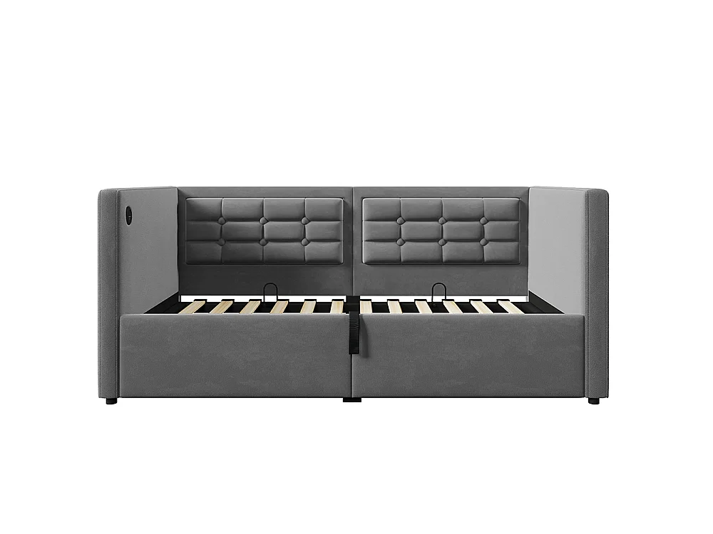 Canapé-lit coffre rembourré 90x190 cm - avec ports USB + Type-C - Espace de rangement hydraulique - Tissu velours - Gris