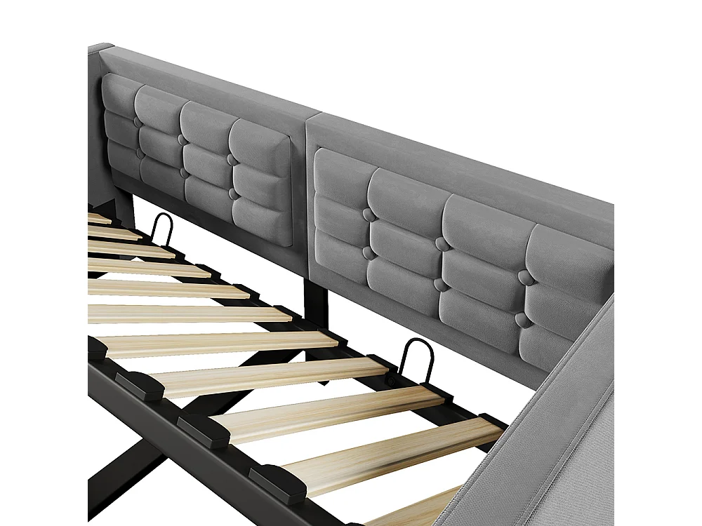 Canapé-lit coffre rembourré 90x190 cm - avec ports USB + Type-C - Espace de rangement hydraulique - Tissu velours - Gris